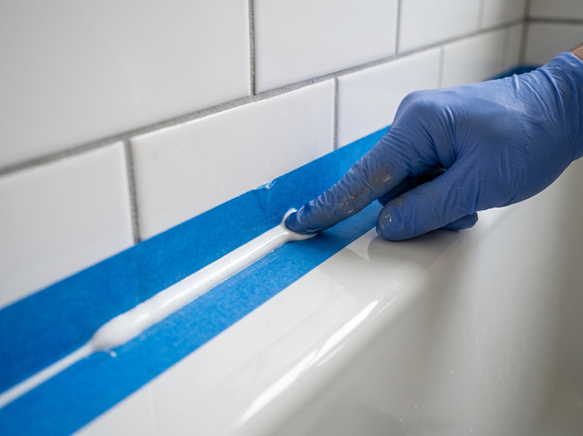 A gloved hand smooths the fresh silicone bead while the painter’s tape is still in place.