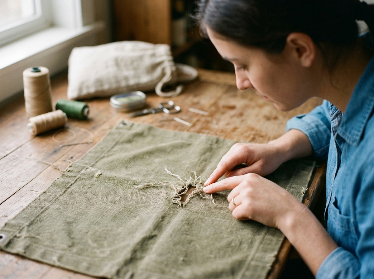 A small tear in canvas is inspected before trimming loose threads.