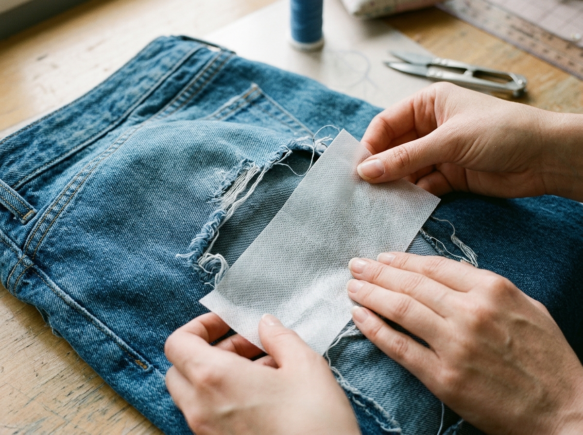 An inside patch is positioned behind the tear to reinforce the fabric.