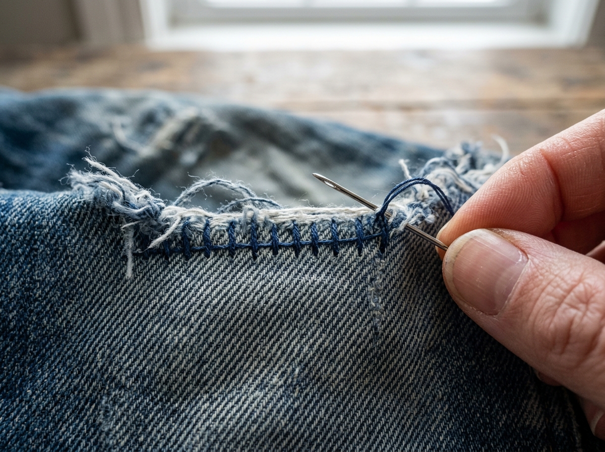 A close hand-stitch repairs the tear with short, even stitches.