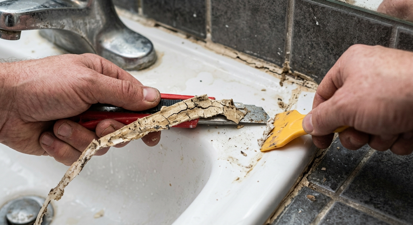 Old caulk is peeled and scraped away from the sink edge.