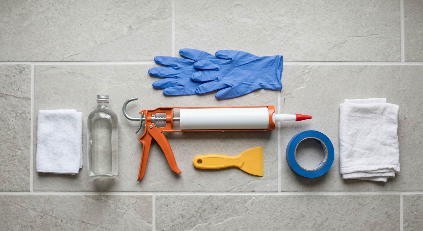 Painter's tape, caulk, scraper, alcohol, and gloves are laid out before the repair.