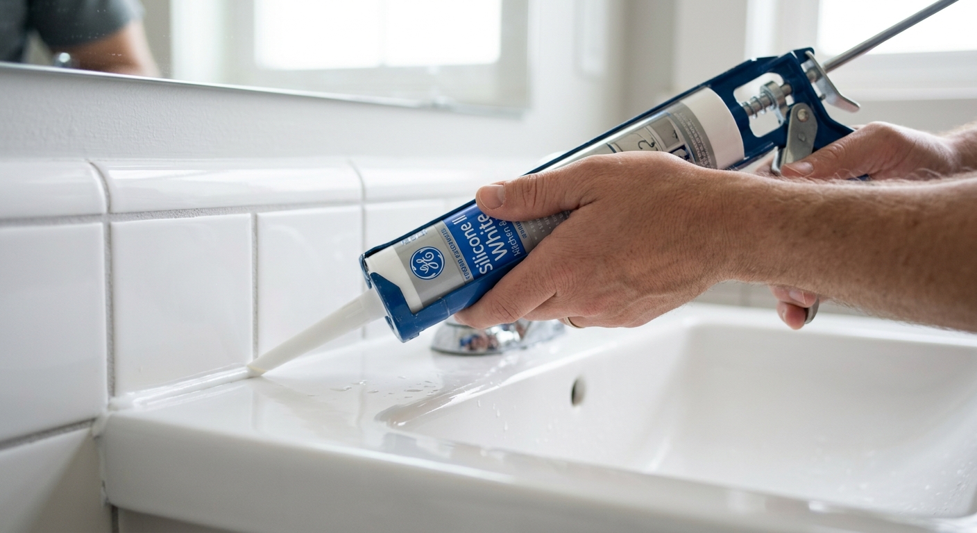 A new silicone bead is applied along the sink edge with the nozzle angled into the joint.