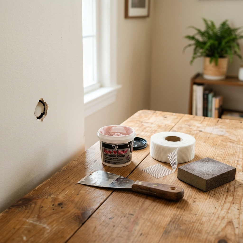 A small drywall hole and the matching patch materials laid out on a work table.