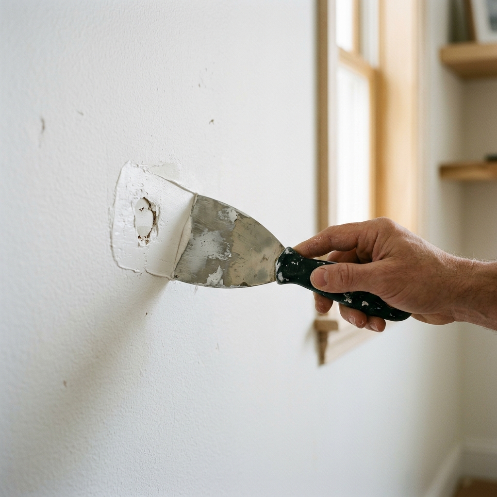 A putty knife spreading lightweight spackle across a small wall repair.