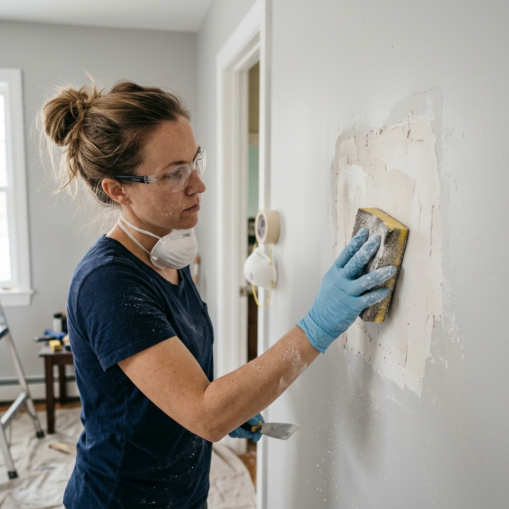 A homeowner sands a dry patch with a sanding sponge to feather the edges.
