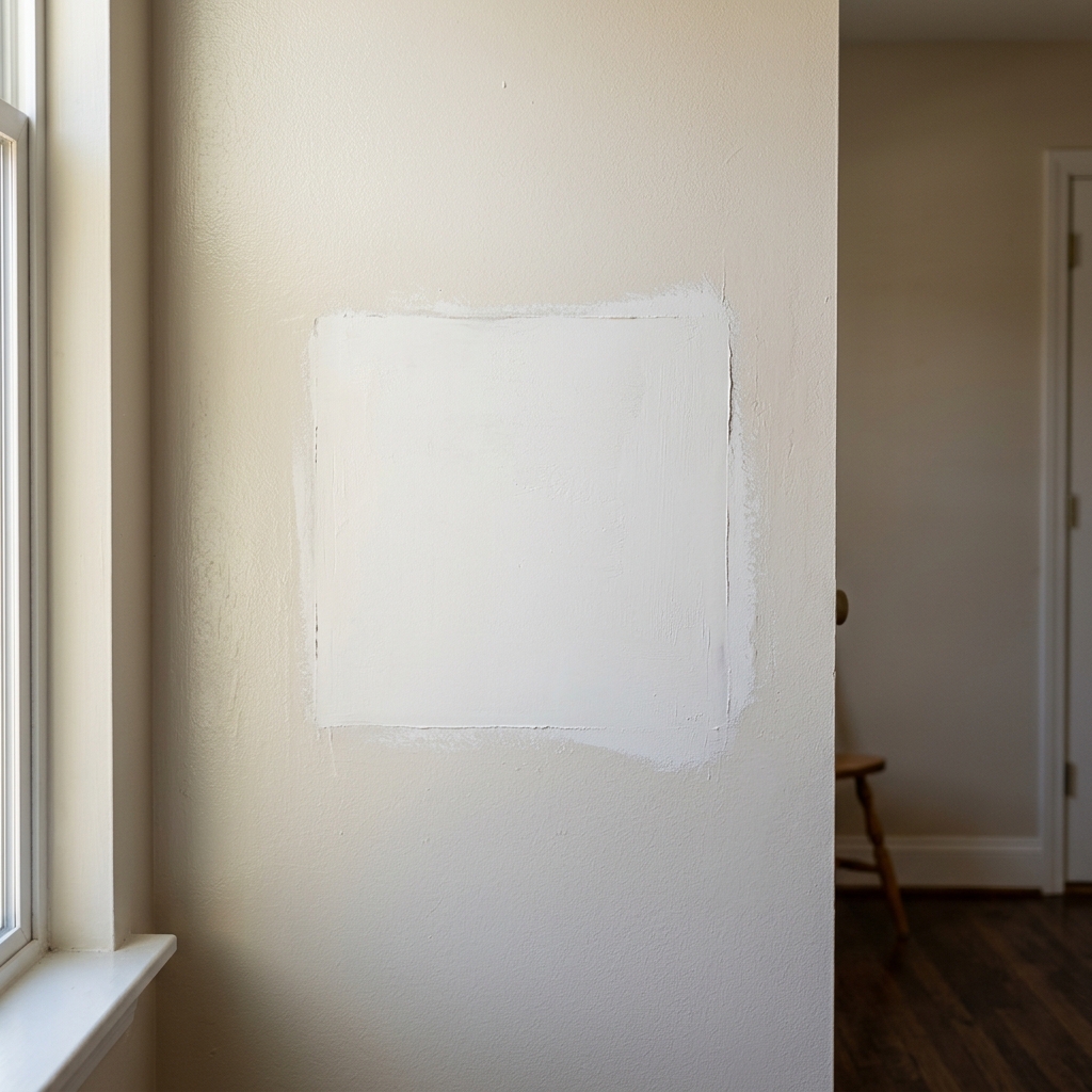 A small primed patch on a drywall wall next to the surrounding paint.