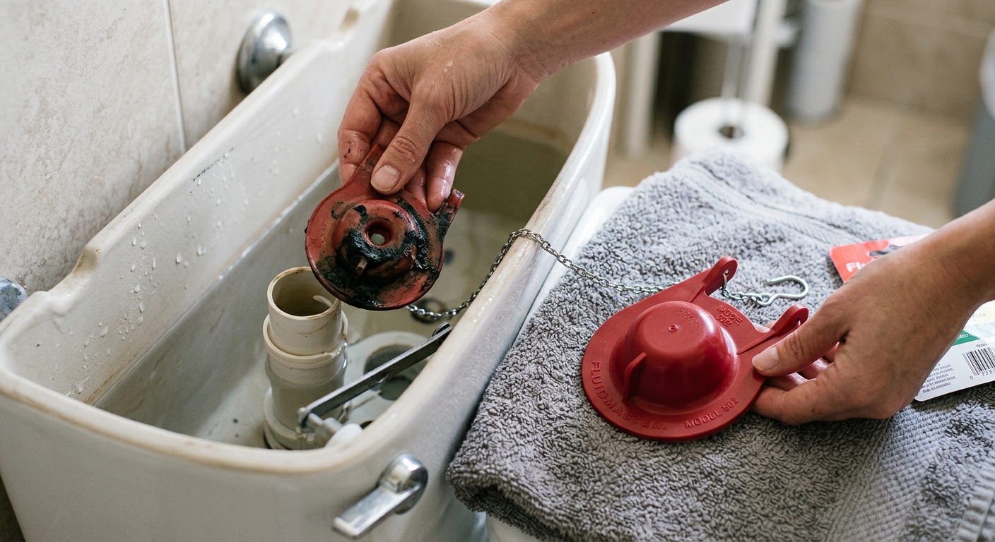 Hands remove the old flapper from the flush valve and compare it to the replacement part.