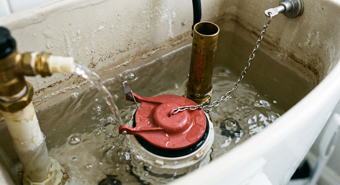 The toilet tank is refilled and the flapper closes flat as the final test.