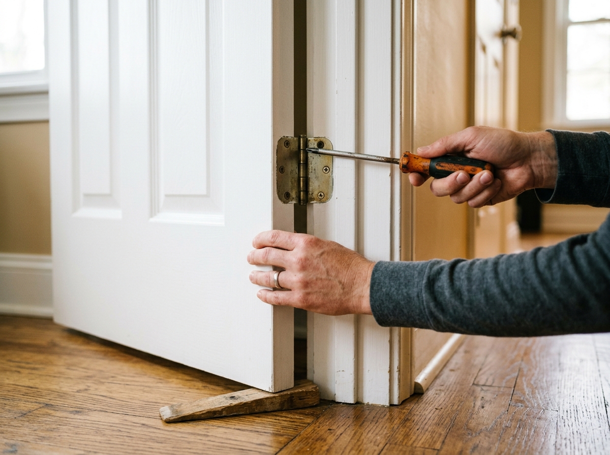 A loose interior door supported with a wedge while a screwdriver checks the top hinge screws.