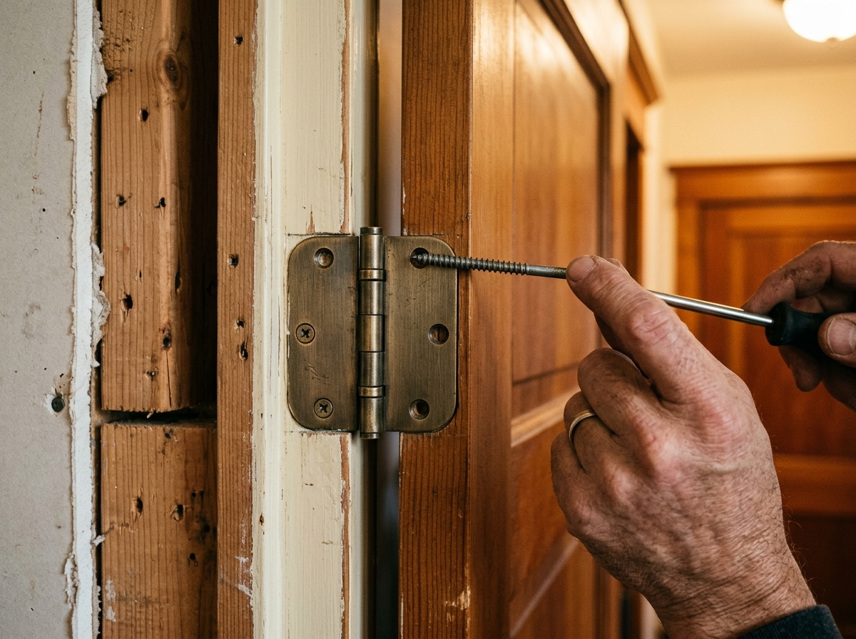 A longer wood screw is aligned with the top hinge to bite deeper into the framing.