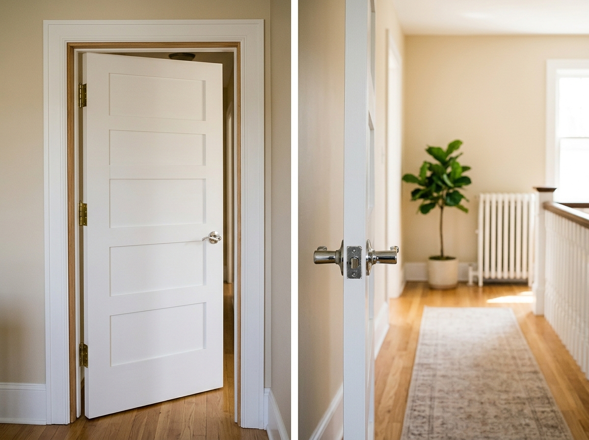 The door swings freely after the repair, with an even gap around the latch side.