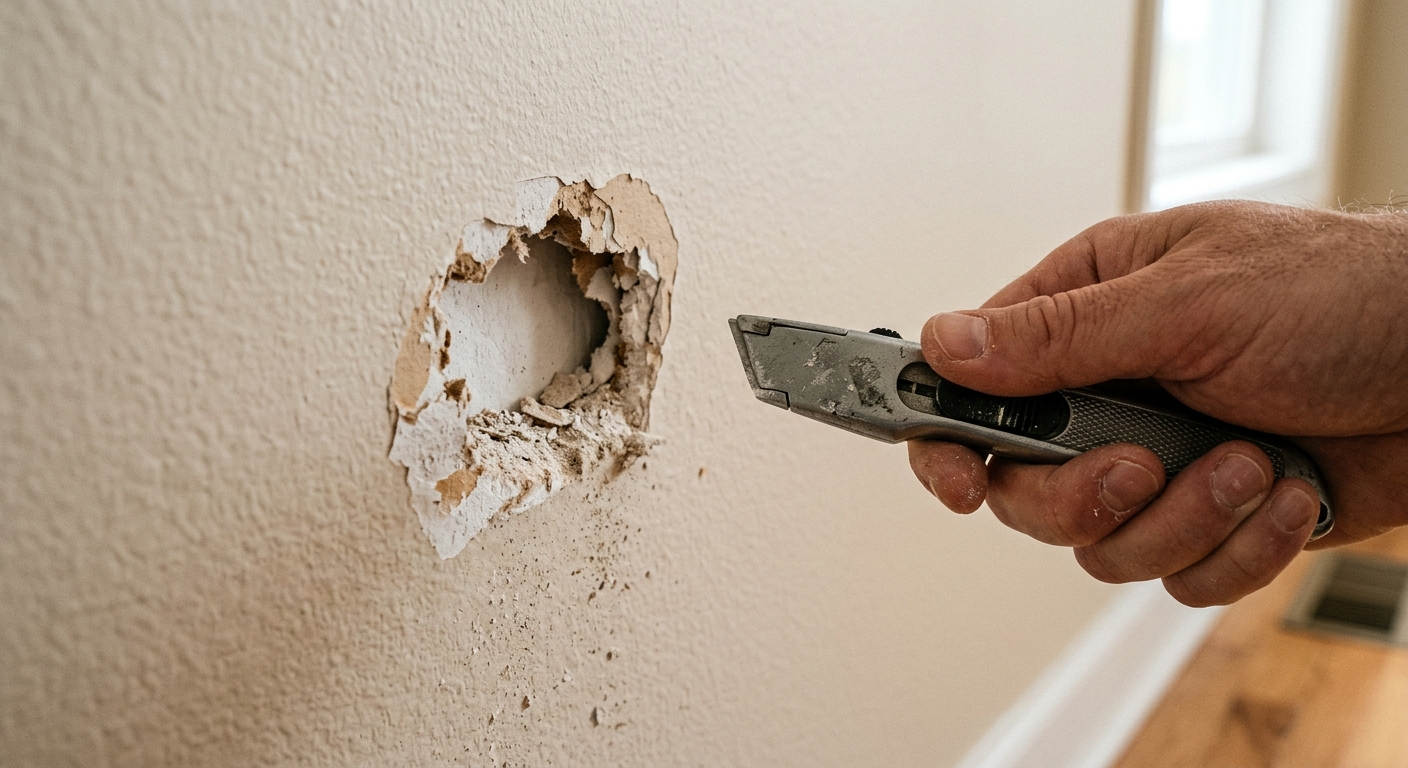 A close-up of a small drywall hole being prepped before filling.