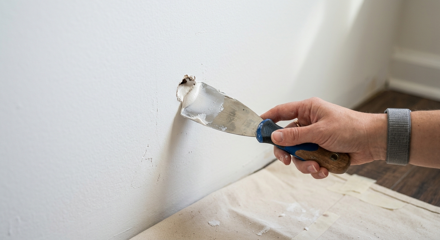 Joint compound is pressed into a small wall hole with a putty knife.