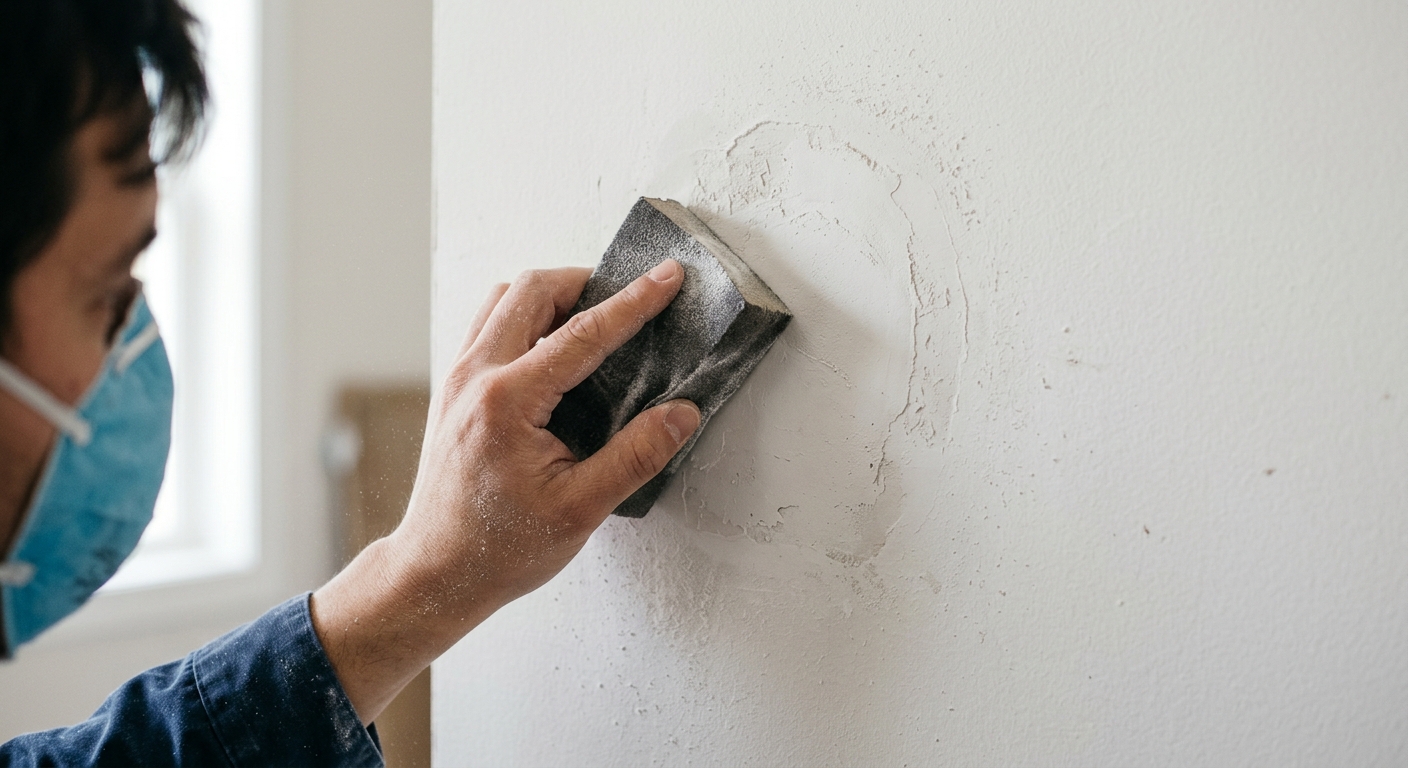 A dried drywall patch is lightly sanded smooth.