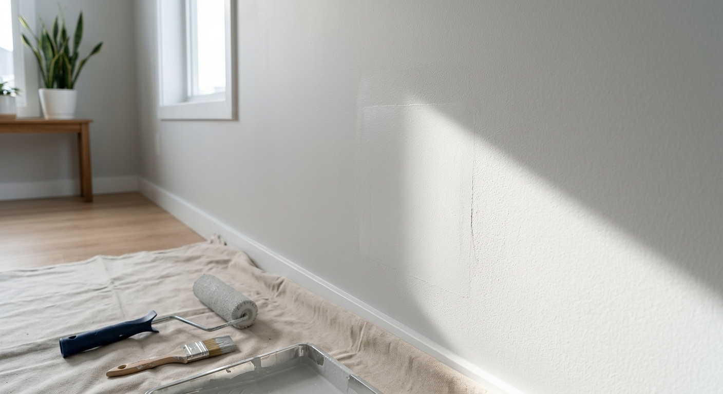 A finished drywall patch is checked after priming and painting.