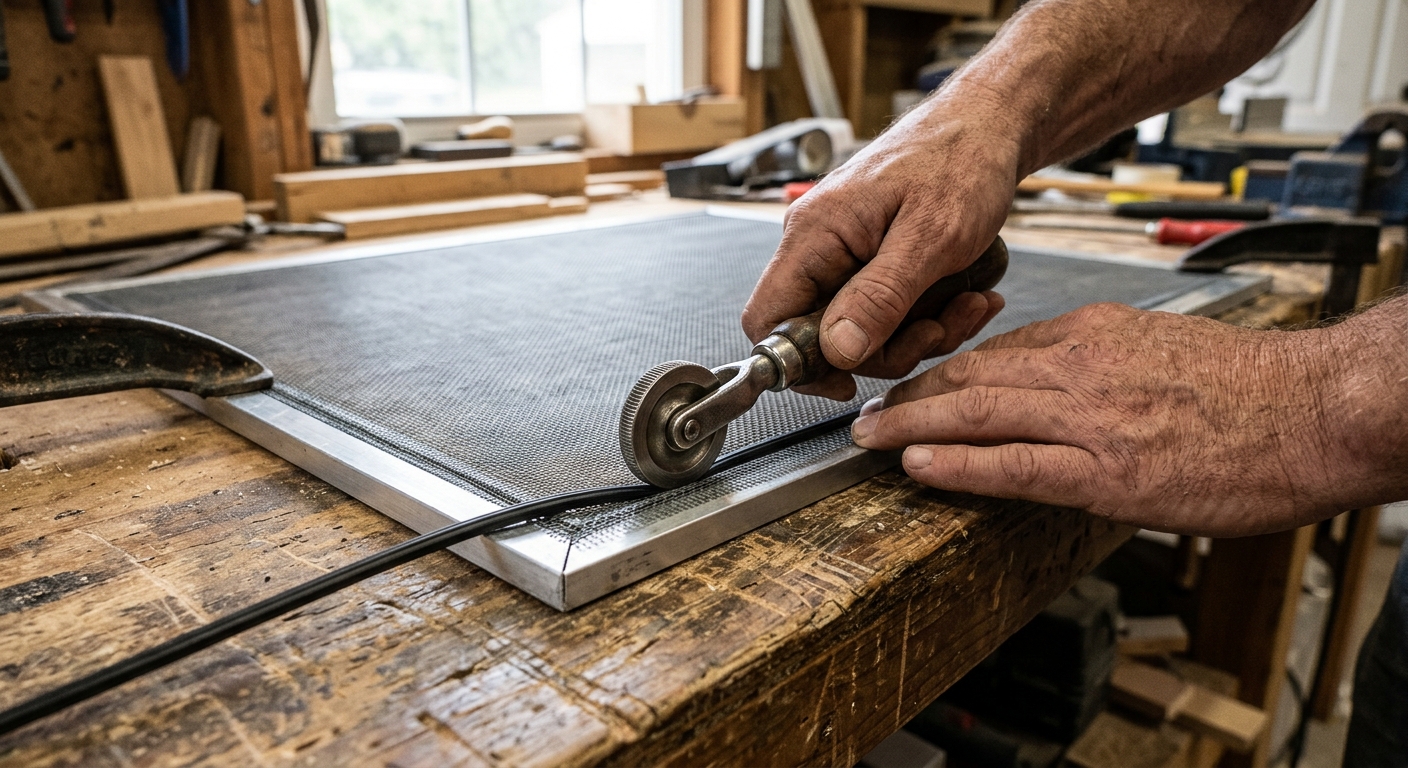 Using a spline roller to install new mesh in a window screen frame
