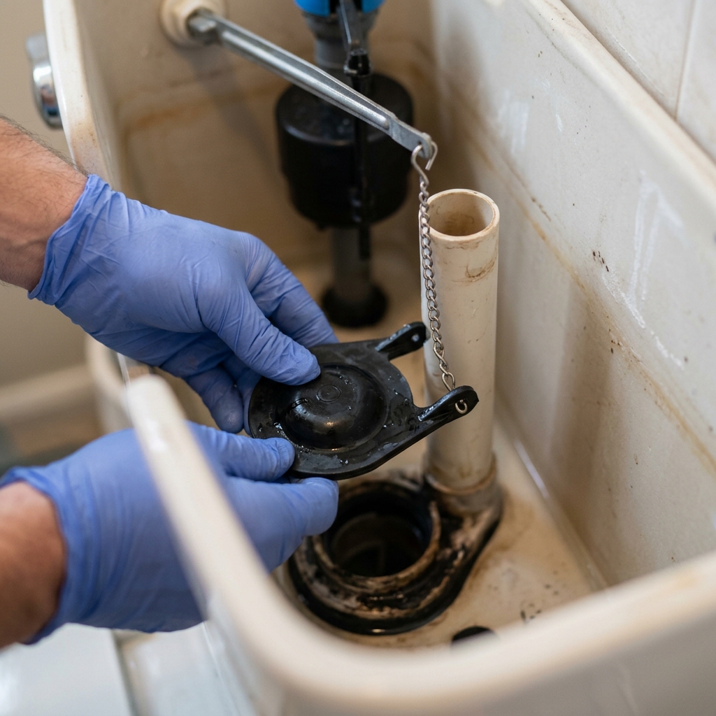 A homeowner turns off the shutoff valve behind a toilet before opening the tank.