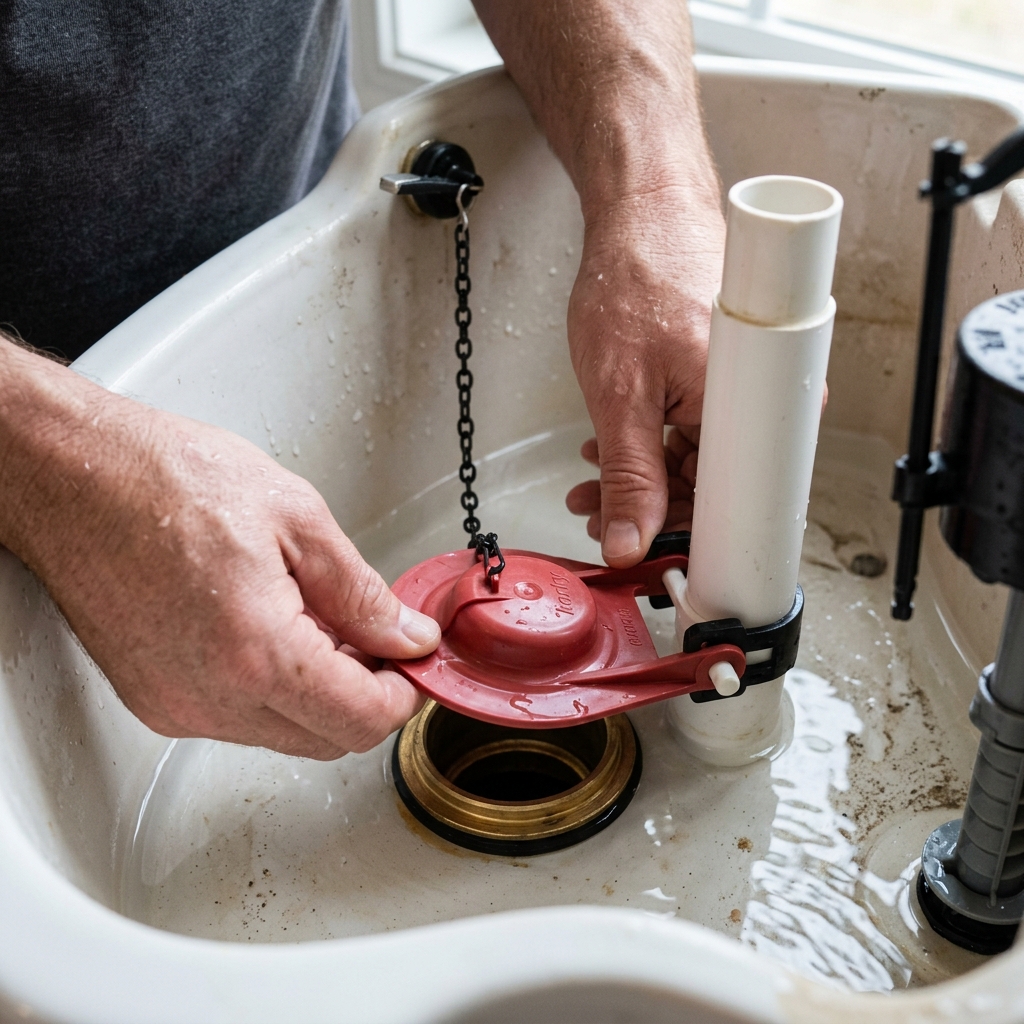 A replacement toilet flapper is aligned and clipped onto the overflow tube inside the tank.