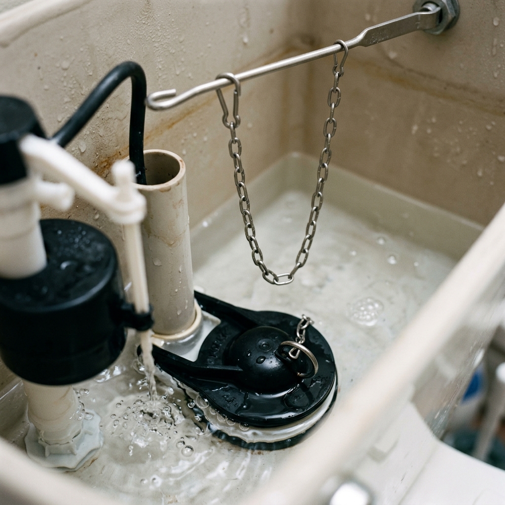 A close-up shows proper chain slack and a clean tank refill after installing a new flapper.