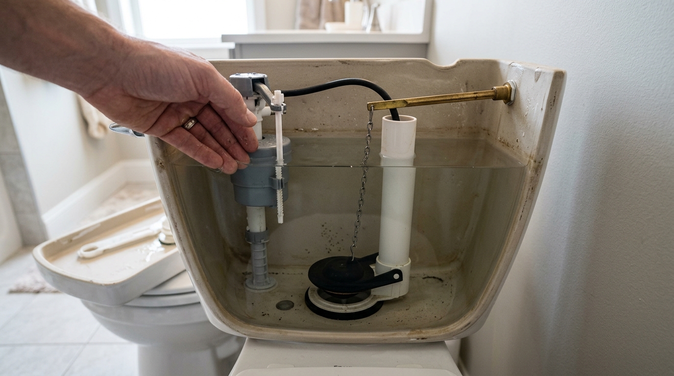 A toilet tank open with the flapper and overflow tube visible for diagnosis.