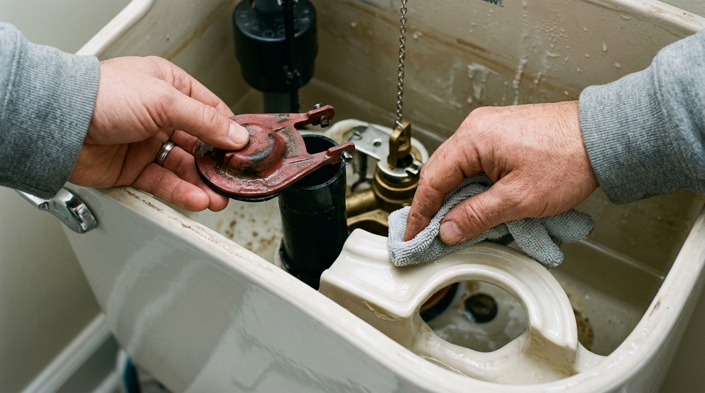 Close-up of removing an old toilet flapper and inspecting the flush valve seat.