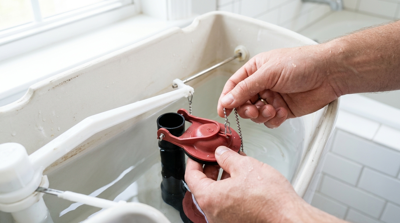 Hands installing a new toilet flapper with the chain set to light slack.
