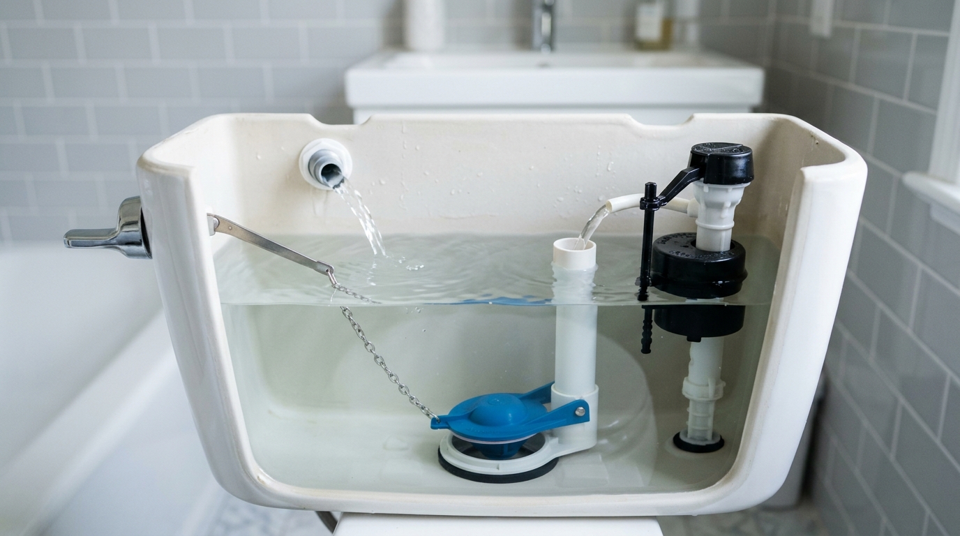 A repaired toilet tank refilling normally after a flapper replacement.