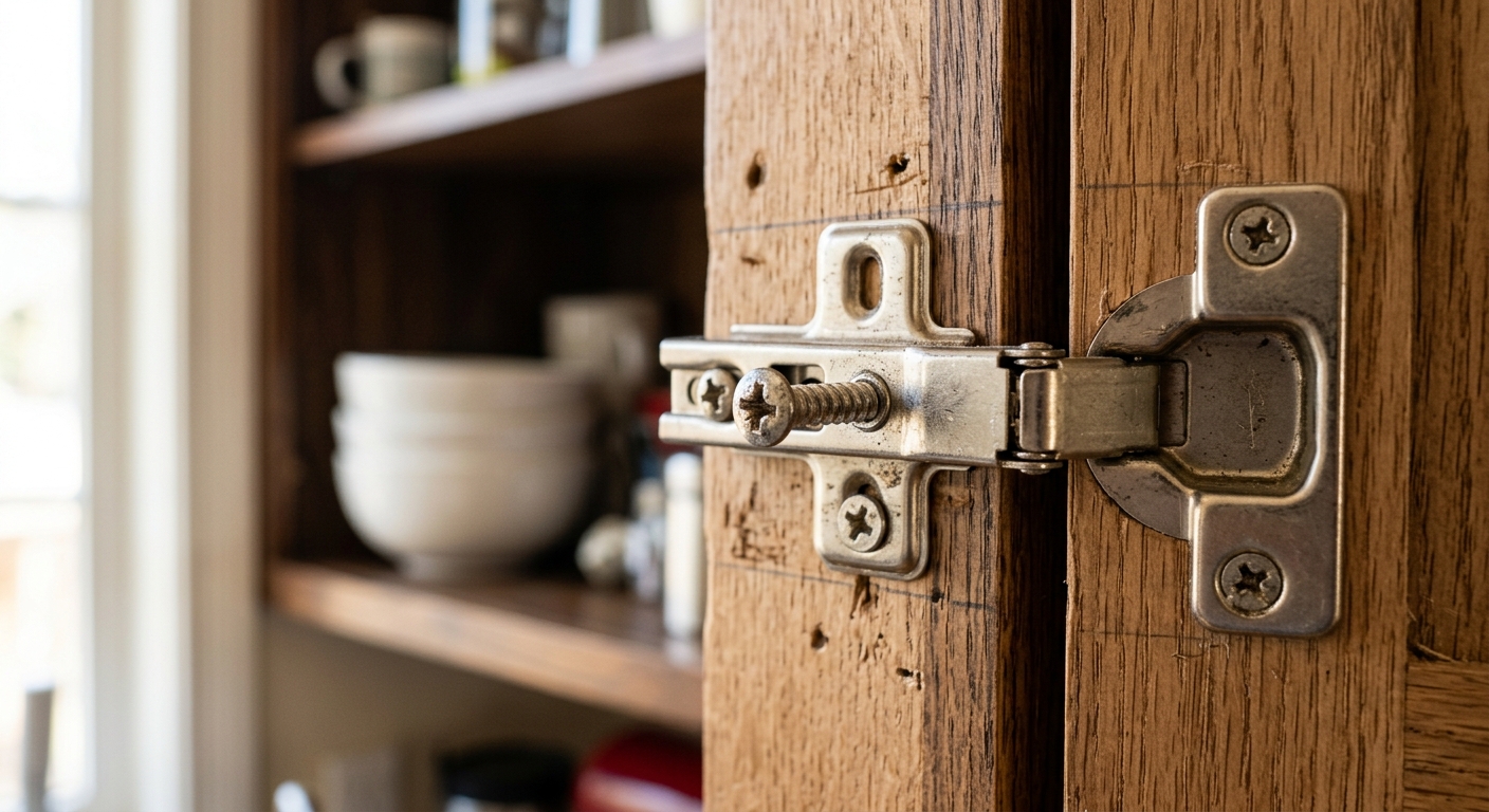 Close-up of an open cabinet hinge before tightening screws.