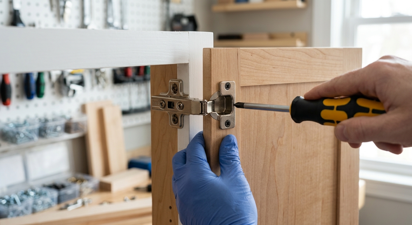 A hinge screw being tightened carefully after repair.