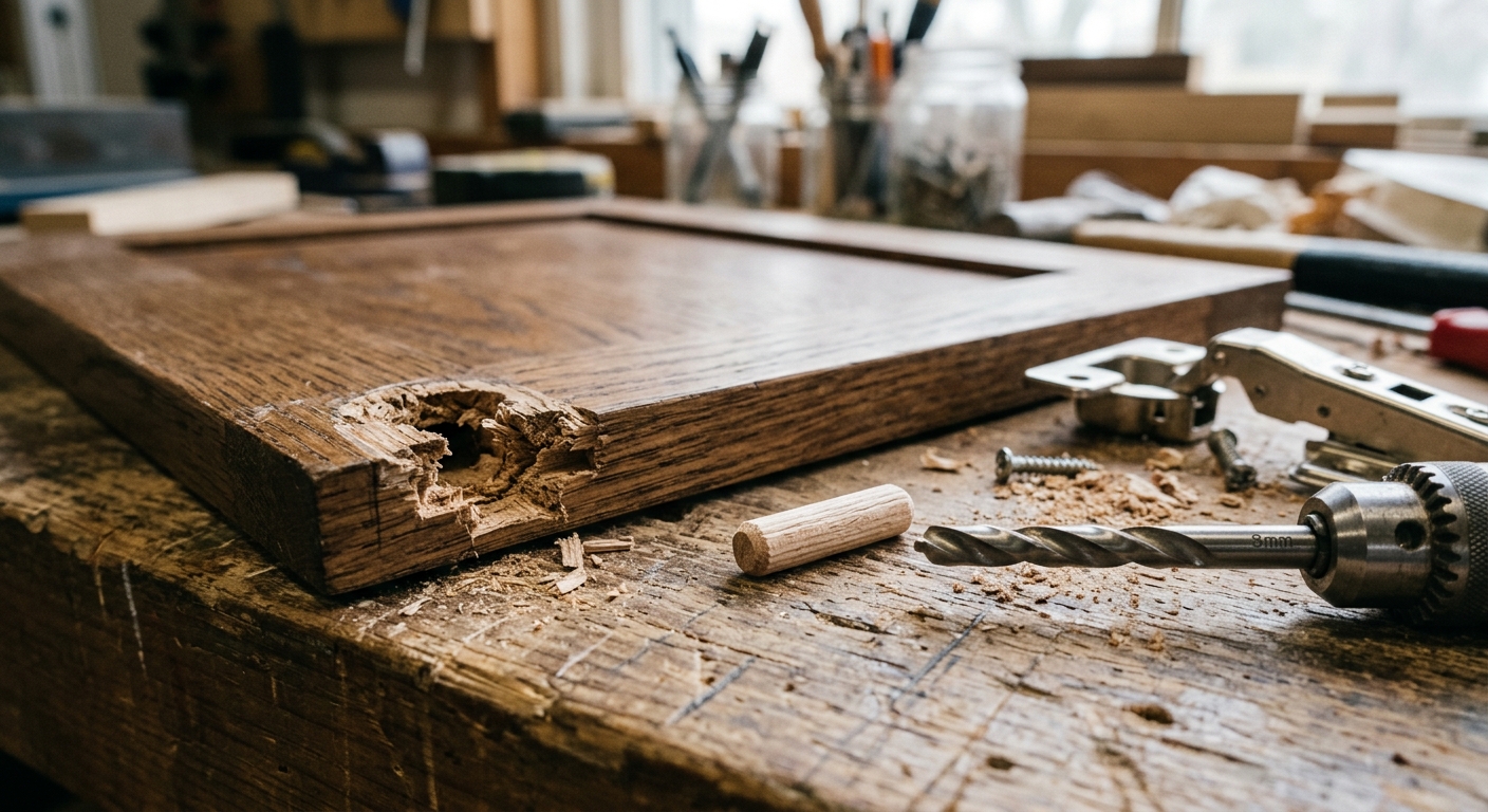 Tools for a stronger dowel repair on a badly stripped hinge hole.