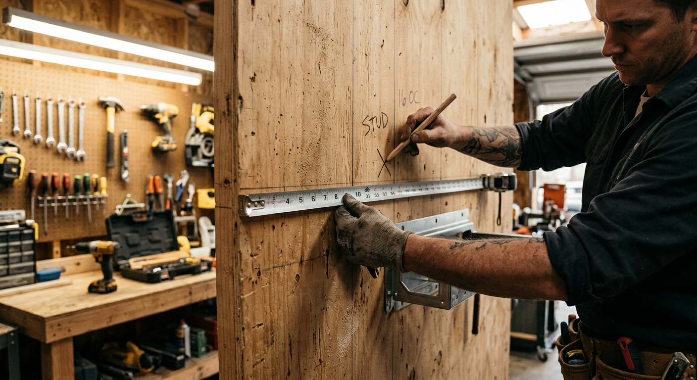 A beginner measures wall space and marks stud locations before mounting a tool organizer.