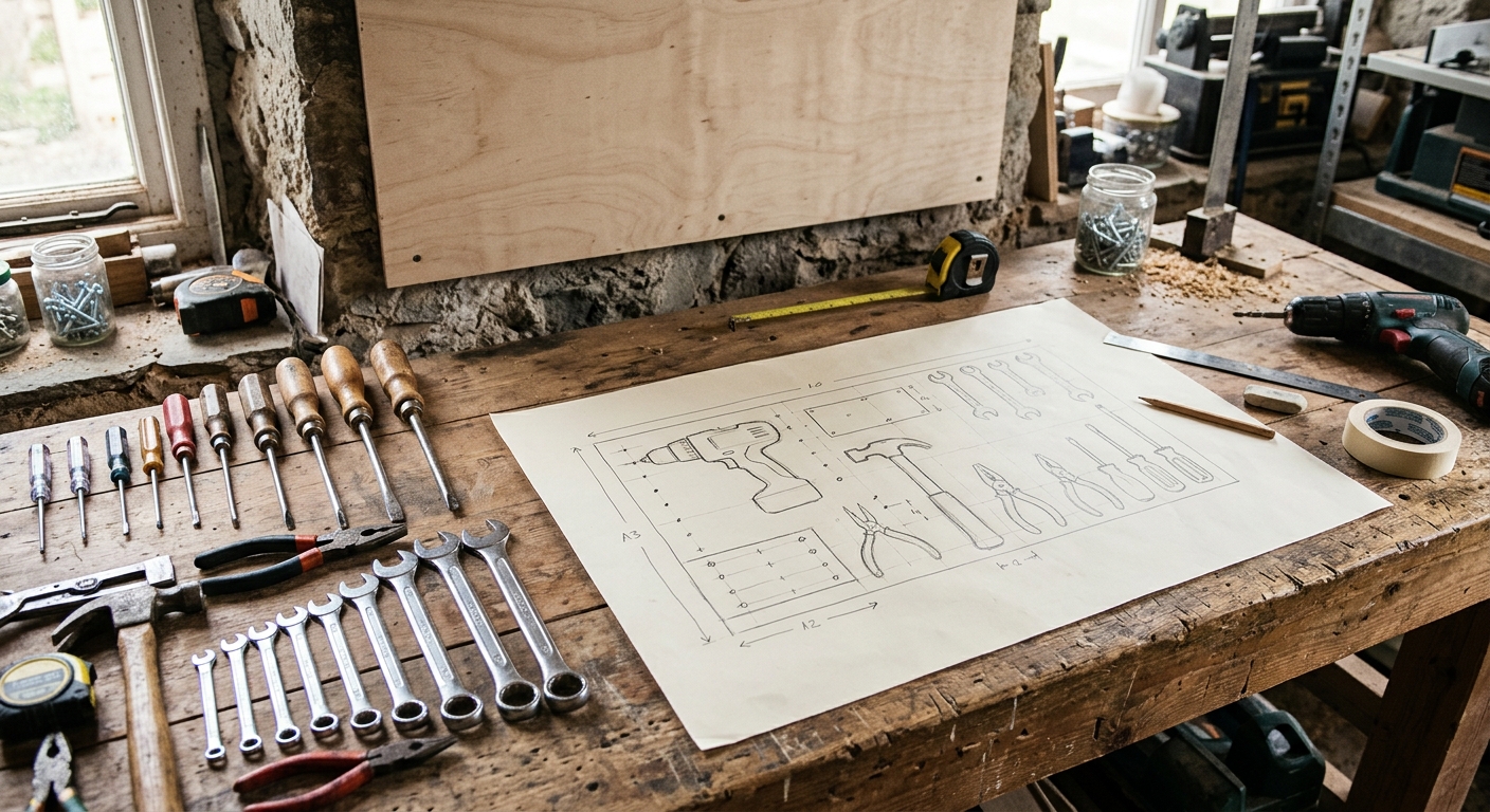 A simple paper layout shows grouped tool zones for a wall-mounted organizer.
