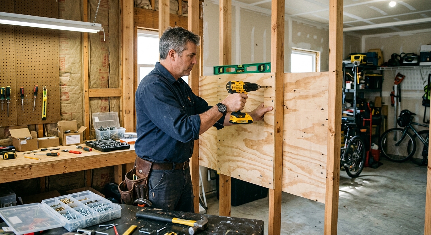 A plywood backer is fastened into wall studs with a level and drill nearby.