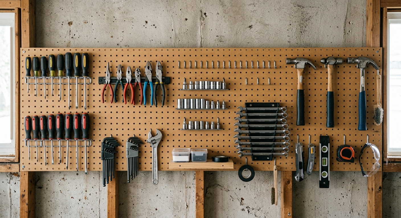 Finished wall-mounted organizer with hand tools grouped by size and use.