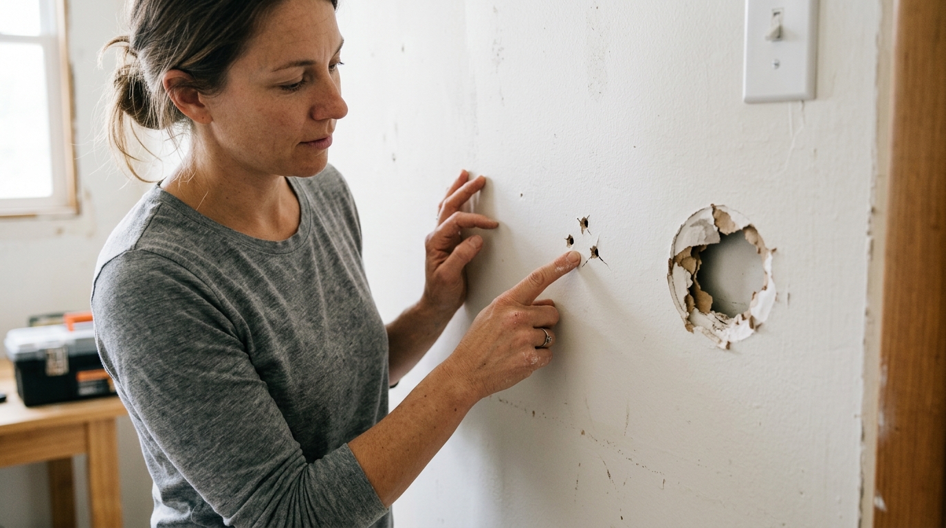 A homeowner comparing different drywall hole sizes before starting the repair.