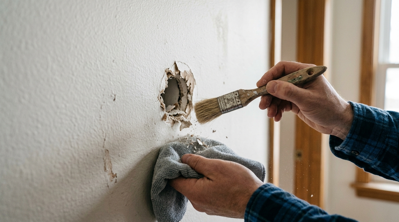 A small drywall hole cleaned and prepped with loose debris removed.