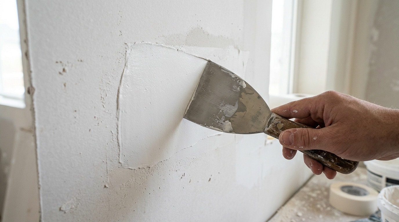 A drywall patch being spread with a putty knife in a thin feathered coat.