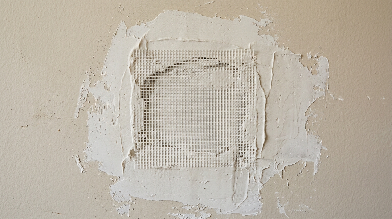 A mesh drywall patch covered with joint compound on a wall surface.