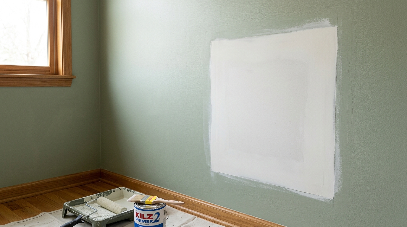 A smooth primed drywall patch ready for paint next to matching wall color.