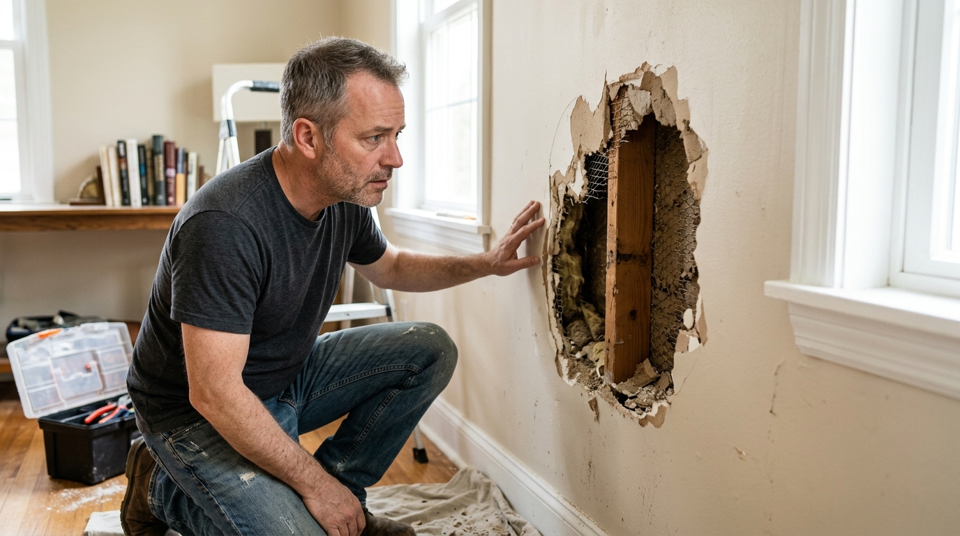A homeowner inspecting a larger drywall opening and deciding whether to call a pro.