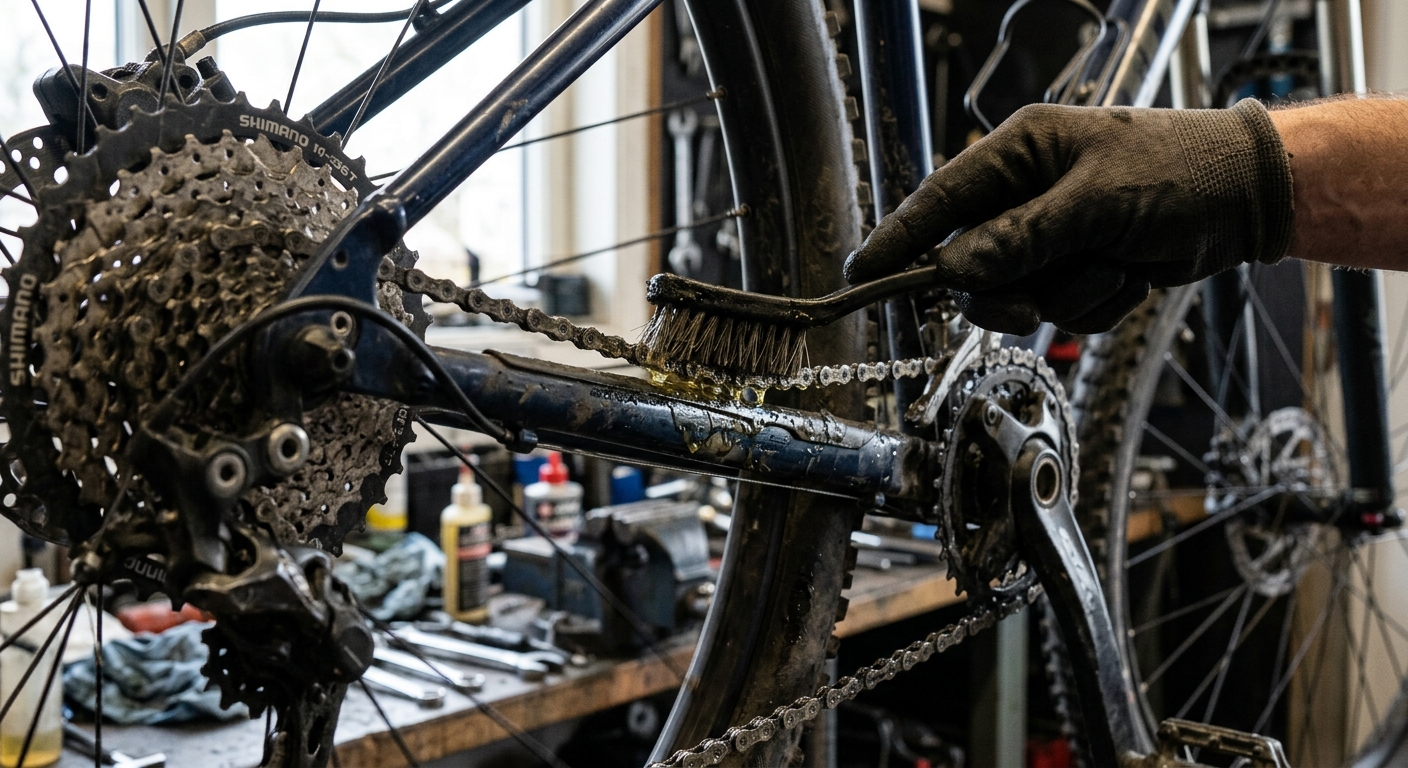 Applying degreaser to the bike chain.
