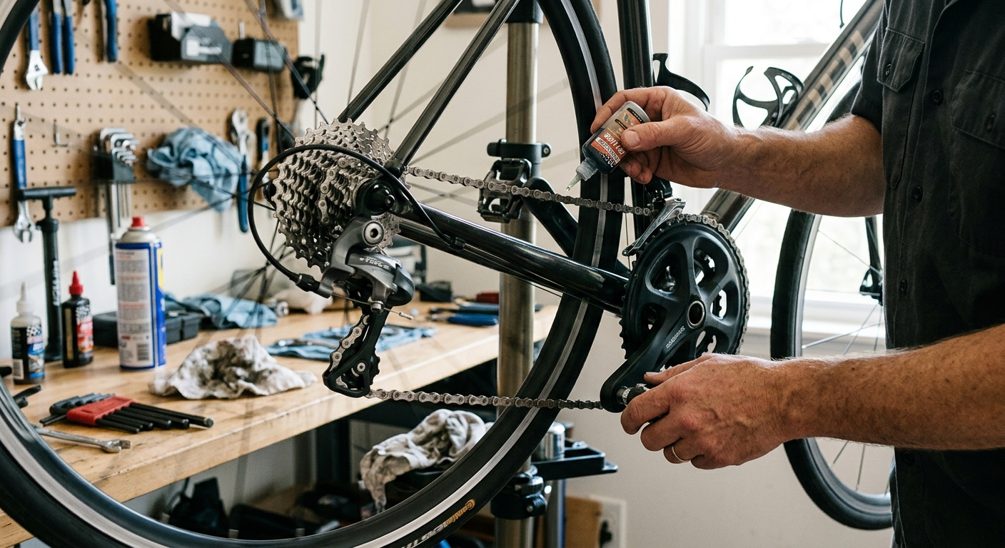 Applying lubricant to the clean chain.