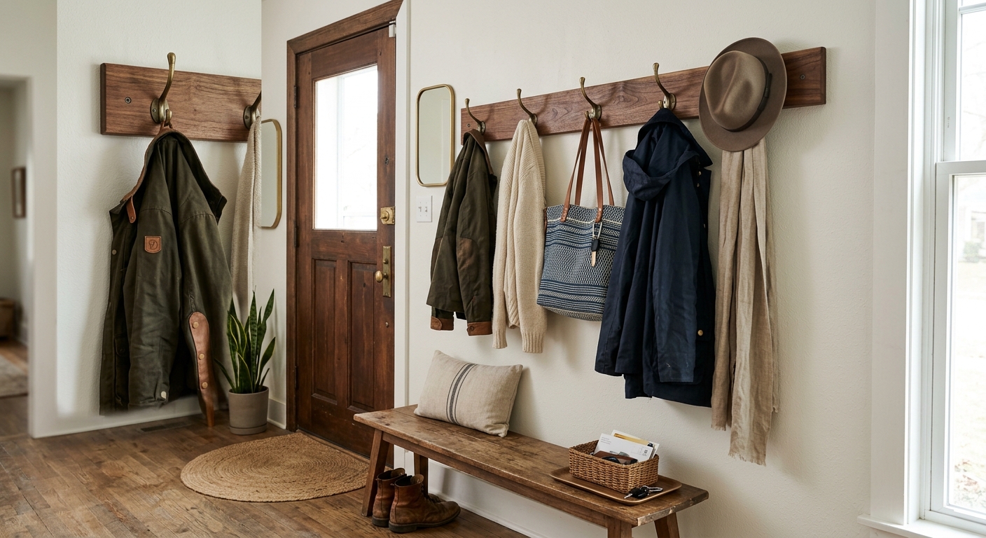 Finished wall hook rack in an entryway