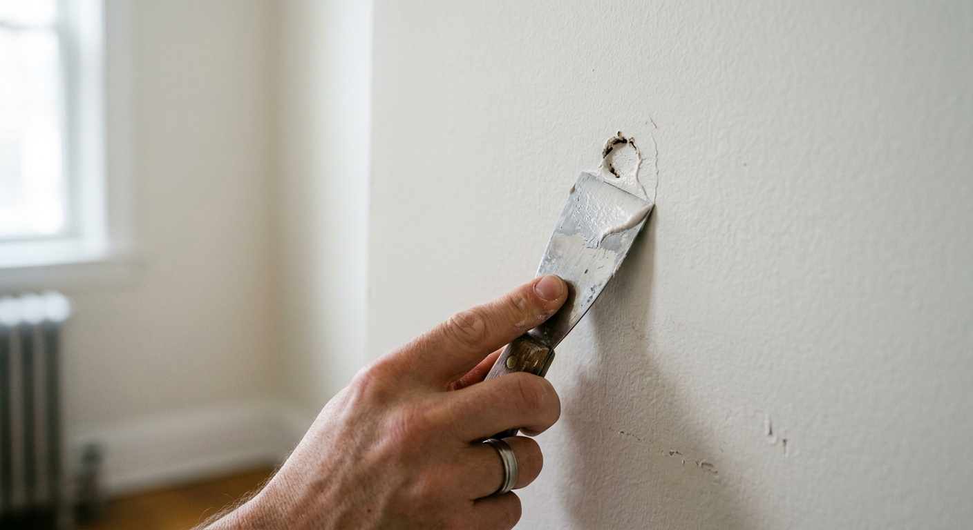 A homeowner inspects a small drywall hole beside a tape measure and spackle kit.