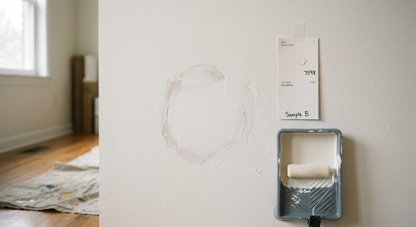 A dried drywall patch is sanded smooth before priming.