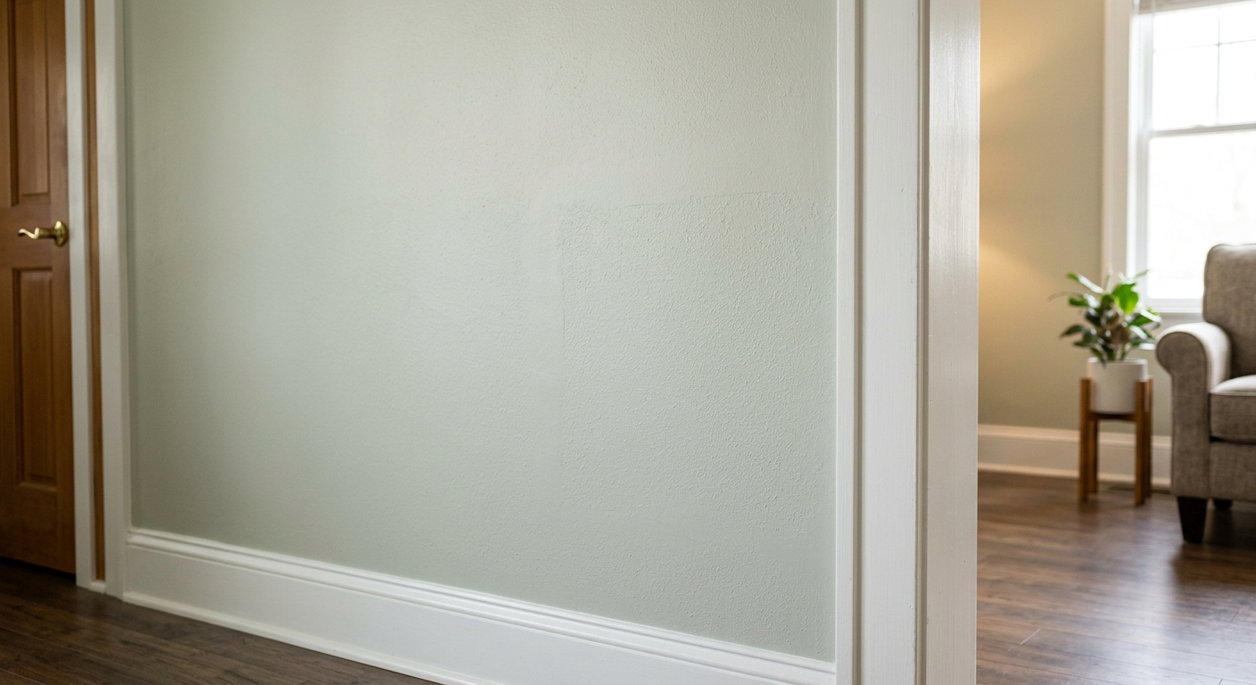 A primed drywall patch is ready for paint touch-up.