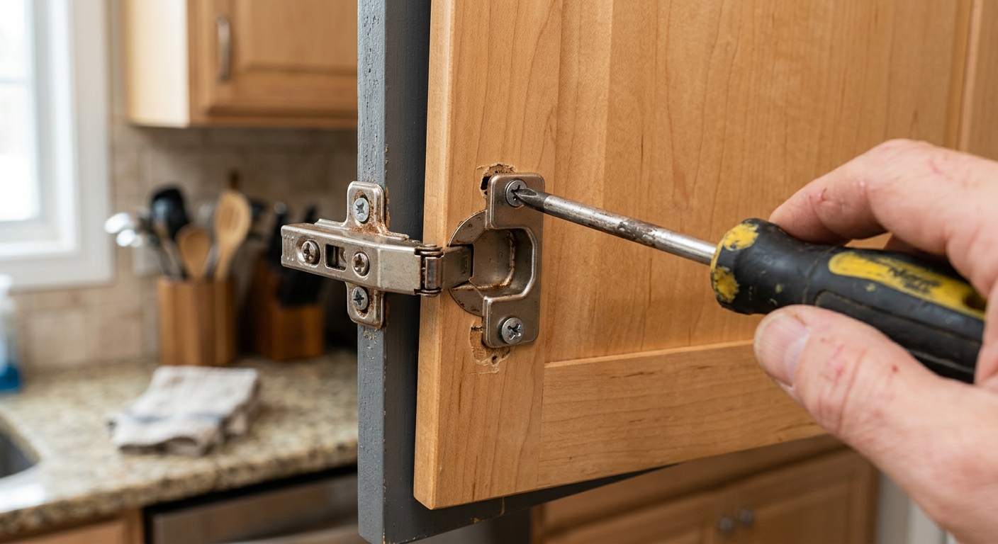 A close view of a loose cabinet hinge with a screwdriver lined up to tighten the mounting screws.