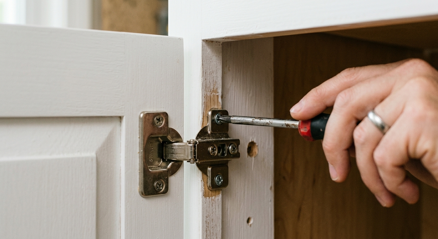 A screwdriver tightens the hinge mounting screws while the door is held steady.