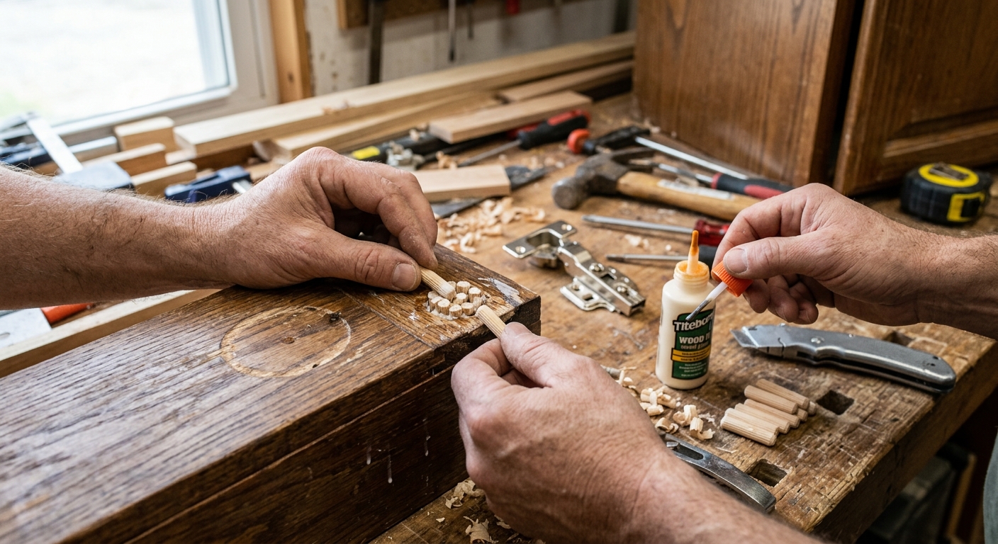 A damaged hinge screw hole is being repaired with a glued wooden dowel before re-mounting the hinge.